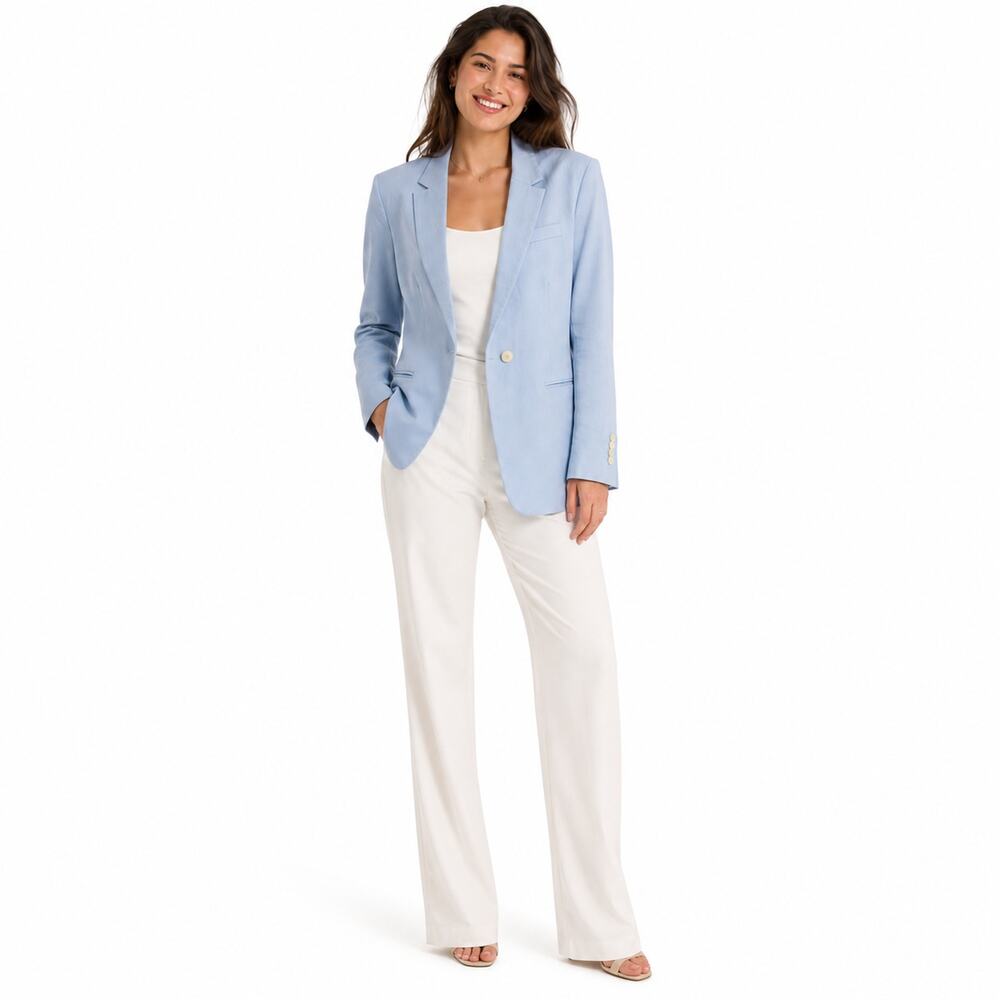 Mango Womens Blazer Jacket XL Blue Linen Blend Office Chic Workwear Minimalist